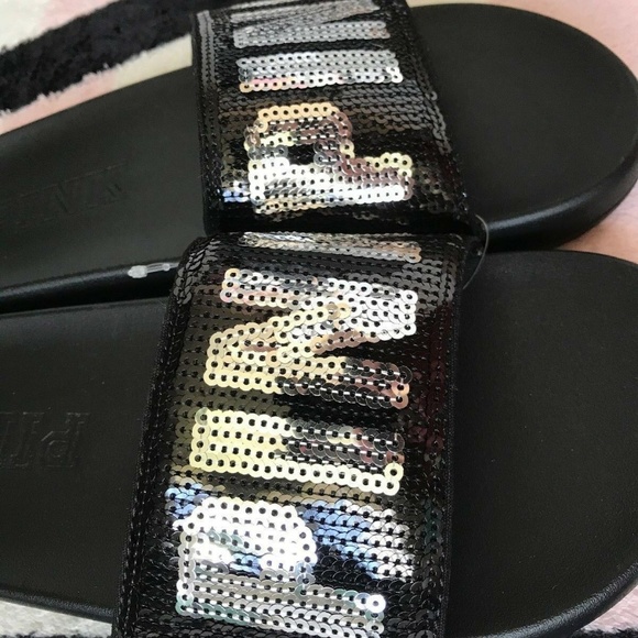 Victoria's Secret Pink Slides Black Silver SOLD - Picture 2 of 2